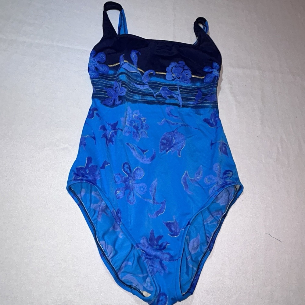 Gabar Women's Swimsuit‎ Sz 12 Bright Floral One Piece Blue Beach Lined Stretch